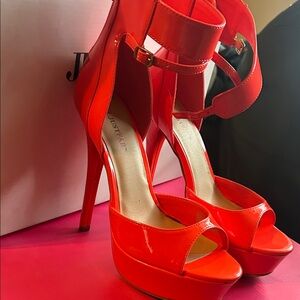 JustFab Red Patent Peep-Toe Platform Heels with Ankle Strap